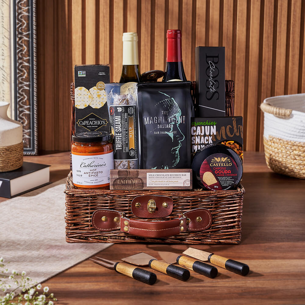 Two Bottles Wine and Snack Basket – gift basket with 2 bottles of wine, capeachio's original water cracker and wagener's truffle salami - mild