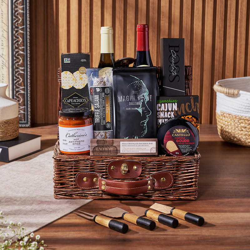 Two Bottles Wine and Snack Basket – gift basket with 2 bottles of wine, capeachio's original water cracker and wagener's truffle salami - mild