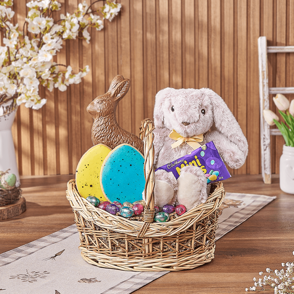 Easter Chocolate Gift Box – gift basket with traditional sitting milk chocolate bunny 230g, bunny plush 13 inches and 2 large easter egg sugar cookies