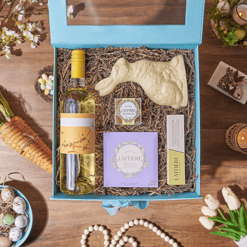 Playful Bunny Wine Easter Gift Box, wine gift, wine, chocolate gift, chocolate, easter gift, easter, New York City delivery