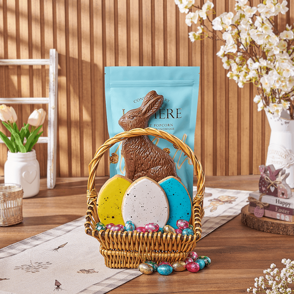 Easter Treats Wicker Basket – gift basket with white chocolate caramel popcorn, traditional sitting milk chocolate bunny 230g and 3 large easter egg