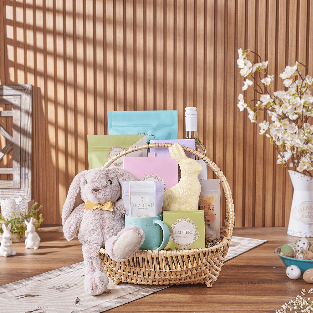 Sweet Hour Easter Wine Gift Basket, wine gift, wine, easter gift, easter, chocolate gift, chocolate, tea gift, tea, New York City delivery