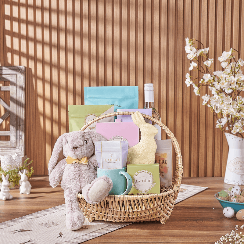 Sweet Hour Easter Wine Gift Basket, wine gift, wine, easter gift, easter, chocolate gift, chocolate, tea gift, tea, New York City delivery