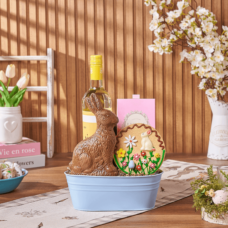 Cheerful Bunny Easter Wine Gift, wine gift, wine, chocolate gift, chocolate, easter gift, easter, New York City delivery