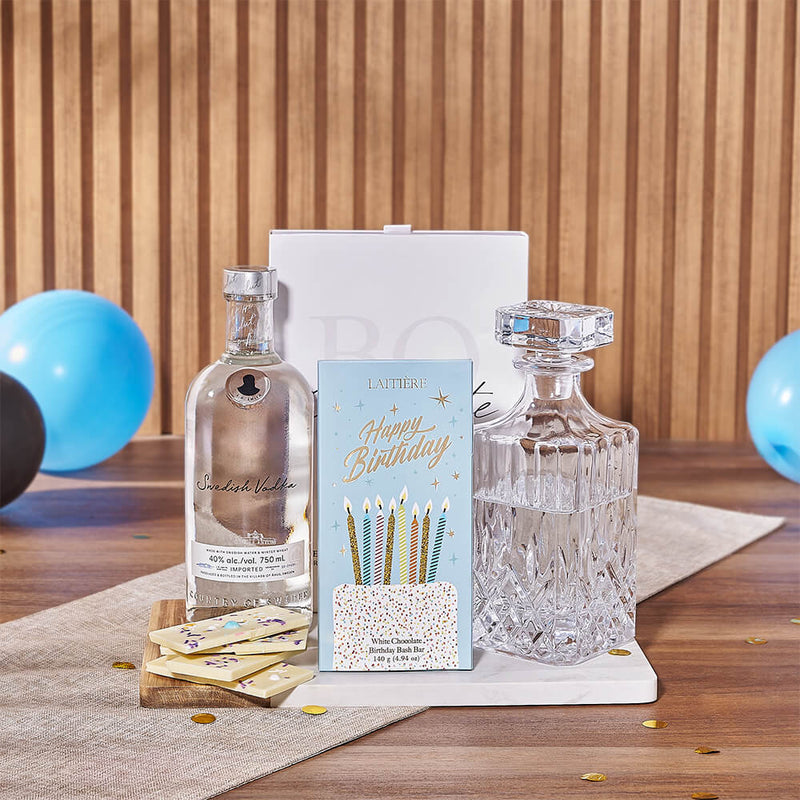 Birthday Liquor Decanter Gift Set – gift basket with laitiere white chocolate birthday bash bar - blue, boss white truffle assortment - 24pcs