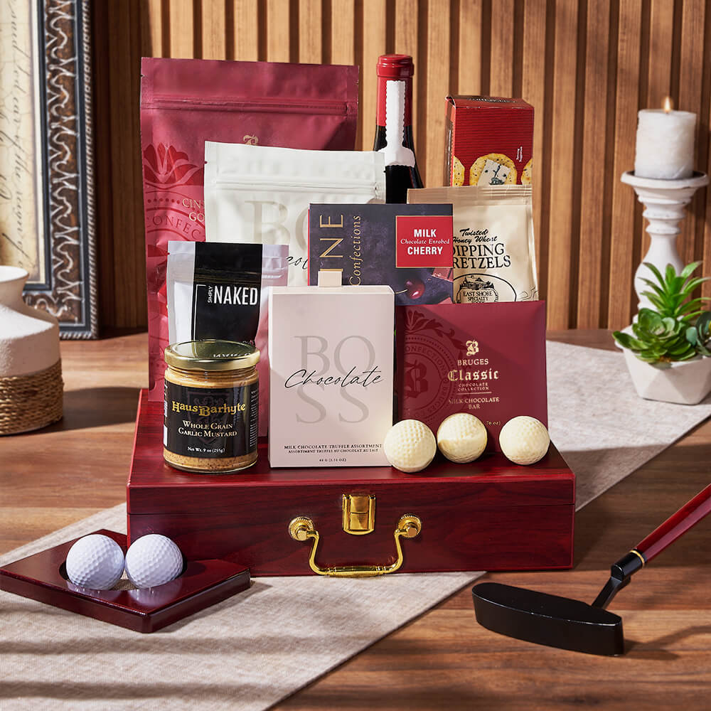 Executive Wine and Golf Snack Basket – how the gift is presented