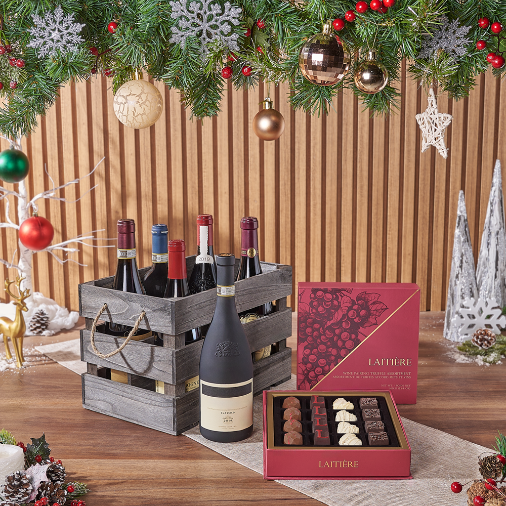 Holiday Wine Gift Basket Featuring Laitiere Chocolate Truffles – gift basket with 6 bottles of vintage premium wine, laitiere wine pairing truffle