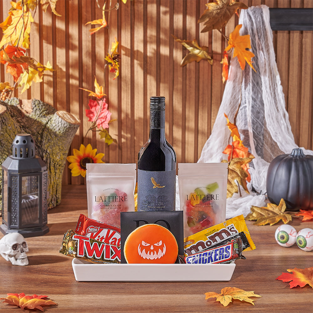 Frightfully Sweet Wine Gift Platter, wine gift, wine, chocolate gift, chocolate, halloween gift, halloween, New York delivery