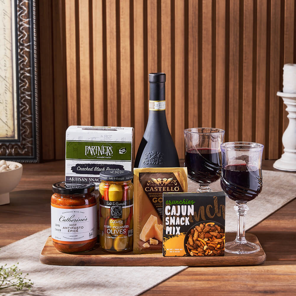 Gourmet Wine Gift Basket with Cheese, Salami, and Elegant Accessories – how the gift is presented