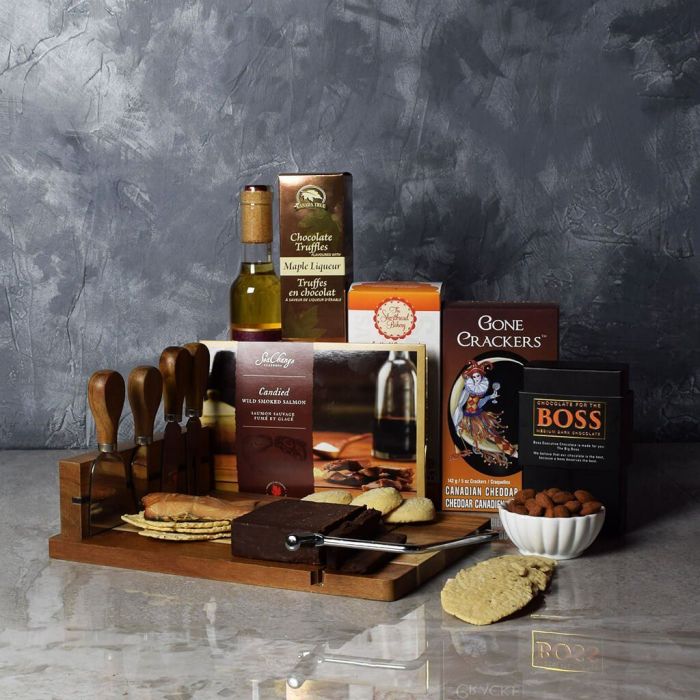 Magnetic Cheese Board Wine Gift – gift basket with acacia wood cheese cutting board with cheese knives, ice wine and cedar valley chocolate fudge