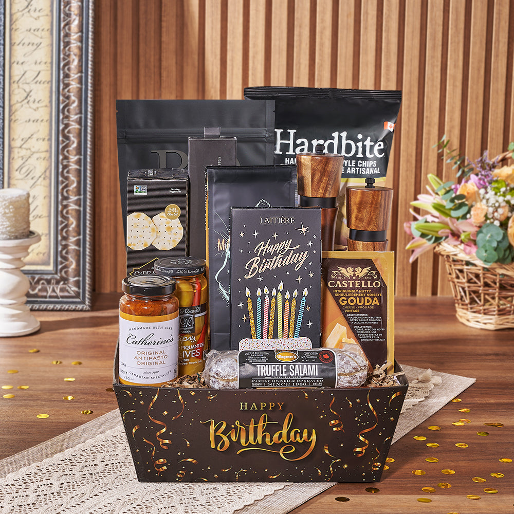 Full of Flavour Birthday Gift Basket, birthday gift, birthday, charcuterie gift, charcuterie, chocolate gift, chocolate, coffee gift, coffee, New York City delivery