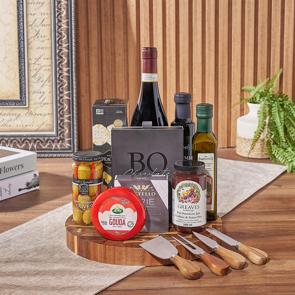 Deluxe Wine Gift Basket with Truffle Chocolates and Specialty Jams – gift basket with this product contains our base red wine