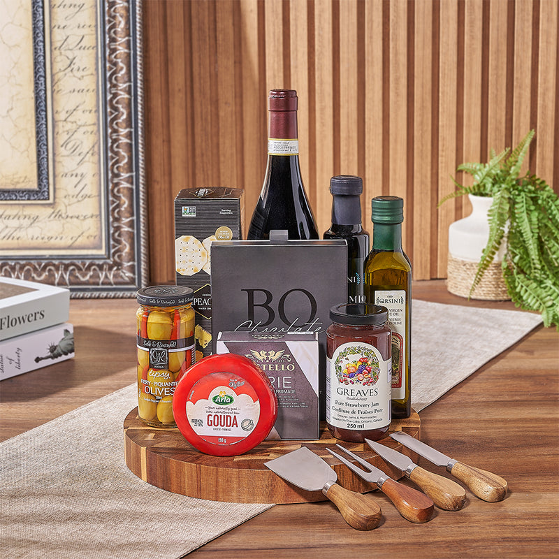 Deluxe Wine Gift Basket with Truffle Chocolates and Specialty Jams – gift basket with this product contains our base red wine