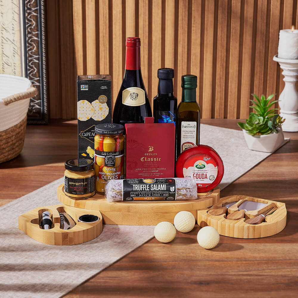 Milestone Wine and Gourmet Golf Gift Basket on Wooden Board – how the gift is presented