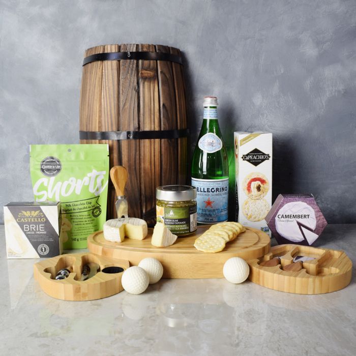 Golf-Themed Brie Cheese Set – gift basket with san pellegrino mineral water 750ml, serve with style on this luxurious golf themed and white chocolate