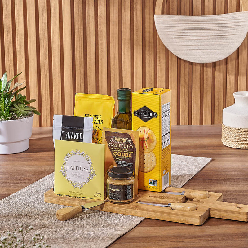 Gourmet Snack Basket Featuring Cheese and Crackers – gift basket with capeachio's natural butter flavour cracker, east shore waffle pretzels 142g