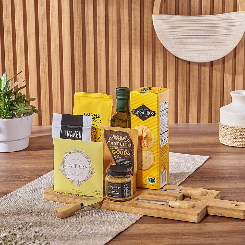 Cheese and Crackers Snack Basket – gift basket with capeachio's natural butter flavour cracker, east shore waffle pretzels 142g and castello gouda