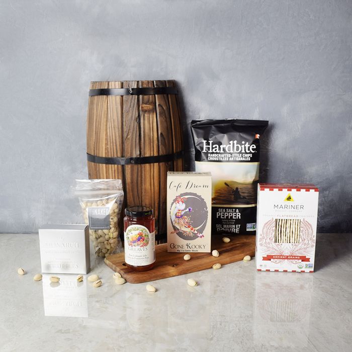 Truffle and Chocolate Treats Gift Basket – gift basket with hardbite sea salt & pepper chips, gone kooky cafe dream and greaves pure crabapple jelly