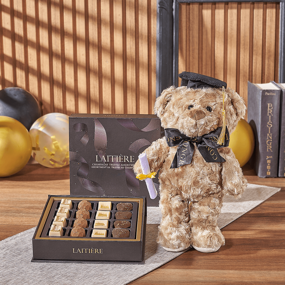 Charming Teddy Truffle Graduation Gift, chocolate gift, chocolate, graduation gift, graduation, plush gift, plush, New York City delivery