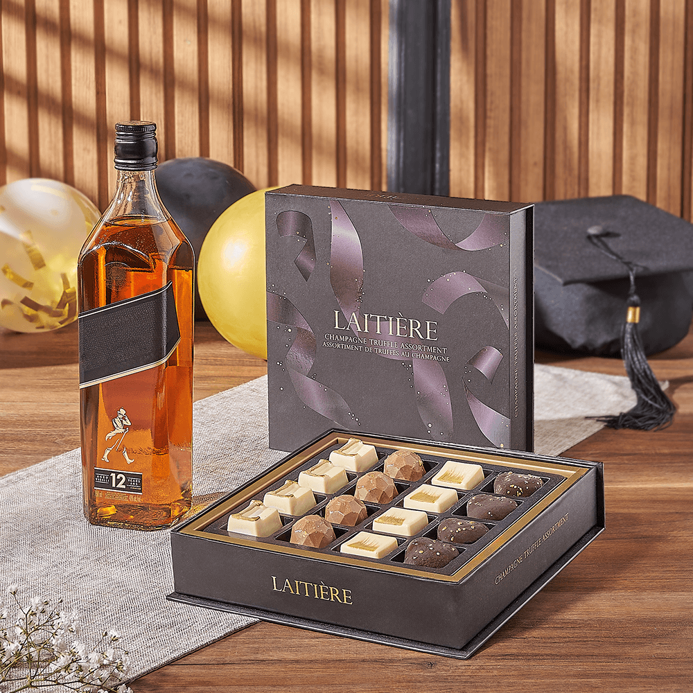 Graduation Whiskey with Truffles Gift – how the gift is presented