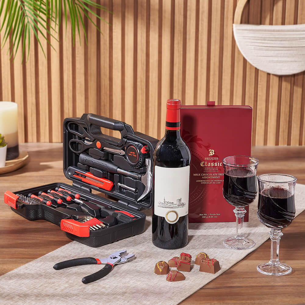Handy Tools & Wine Gift Set, wine gift, wine, tool gift, tools, chocolate gift, chocolate, New York City delivery