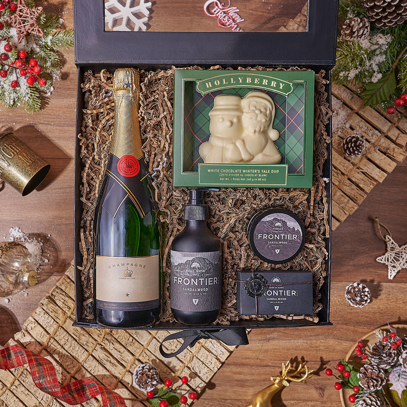 Holiday Gentleman’s Bubbly & Grooming Gift Box from New York City Baskets - Champagne Gift Set - New York City Delivery