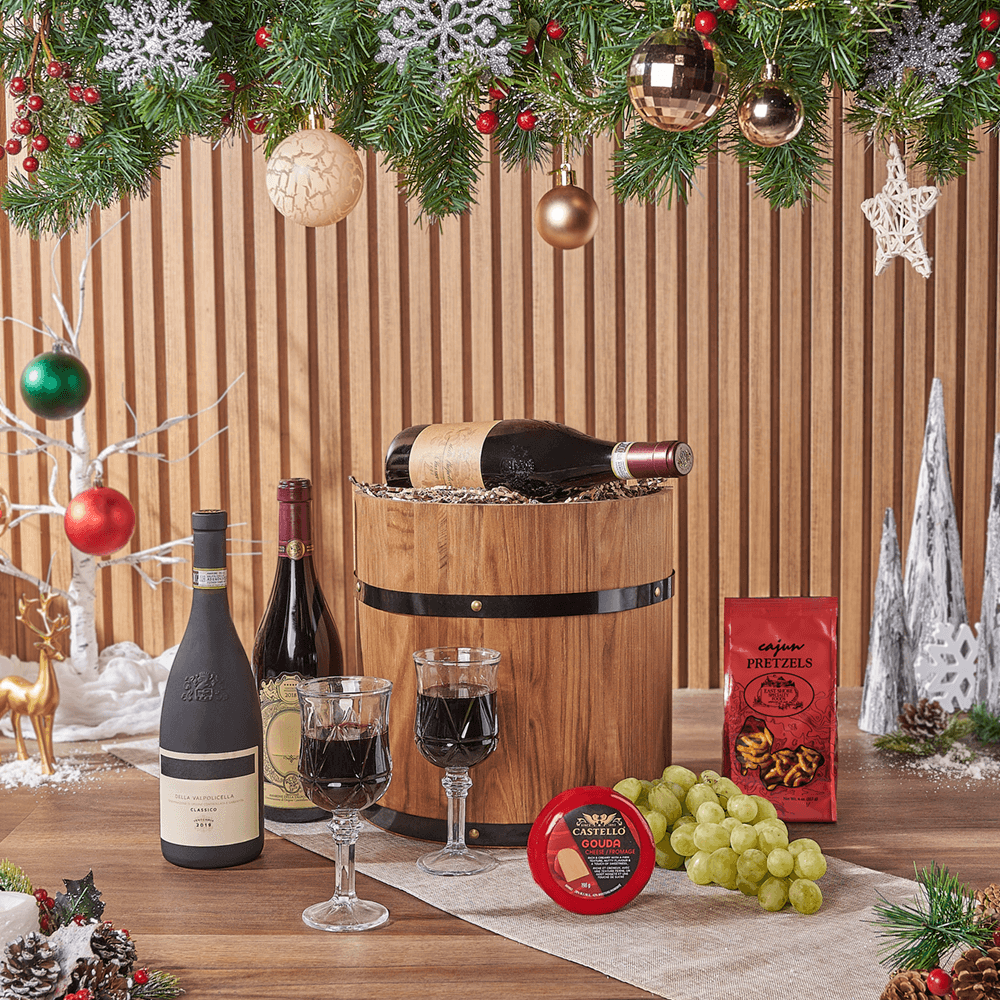 Holiday Fine Wine &amp; Cheese Barrel, wine gift, wine, cheese gift, cheese, fruit gift, fruit, christmas gift, christmas, holiday gift, holiday, New York Baskets delivery