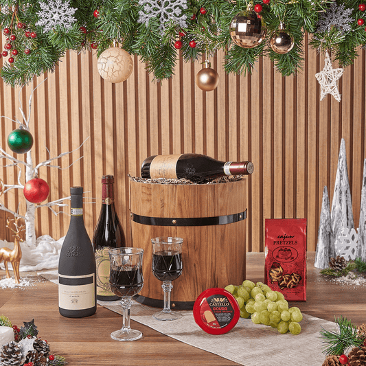 Holiday Fine Wine & Cheese Barrel, wine gift, wine, cheese gift, cheese, fruit gift, fruit, christmas gift, christmas, holiday gift, holiday, New York Baskets delivery