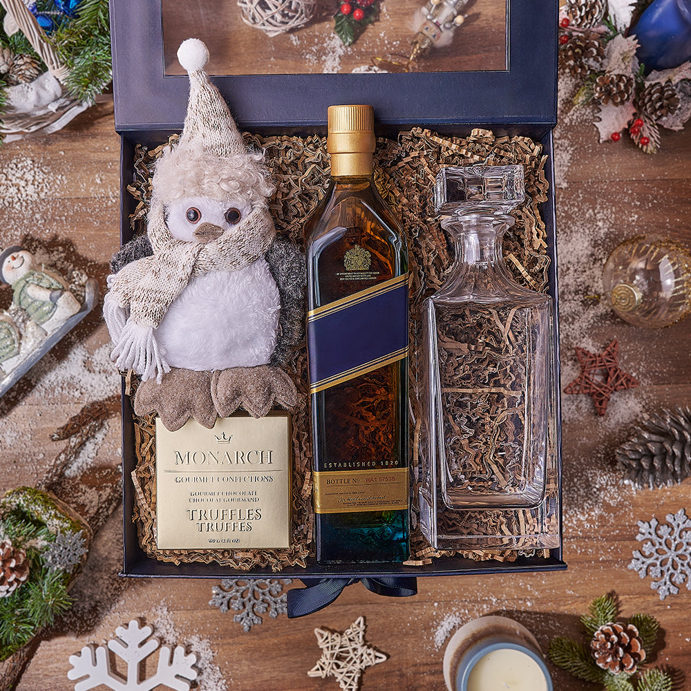 Holiday Liquor Decanter &amp; Treats Basket, liquor gift, liquor, chocolate gift, chocolate, decanter gift, decanter, christmas gift, christmas, New York City delivery