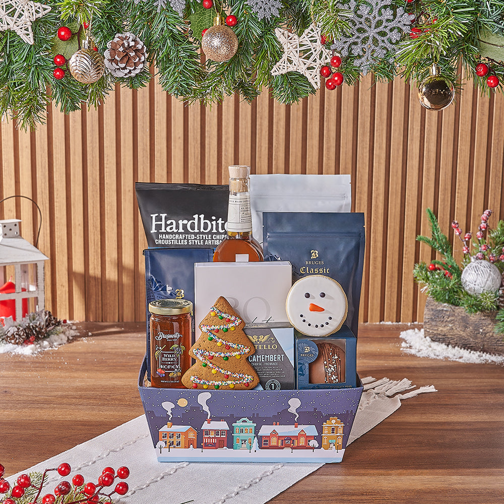 Holiday Liquor and Whiskey Gift Set in Christmas Village Market Tray – gift basket with bottle of whiskey, hardbite rock salt & vinegar chips