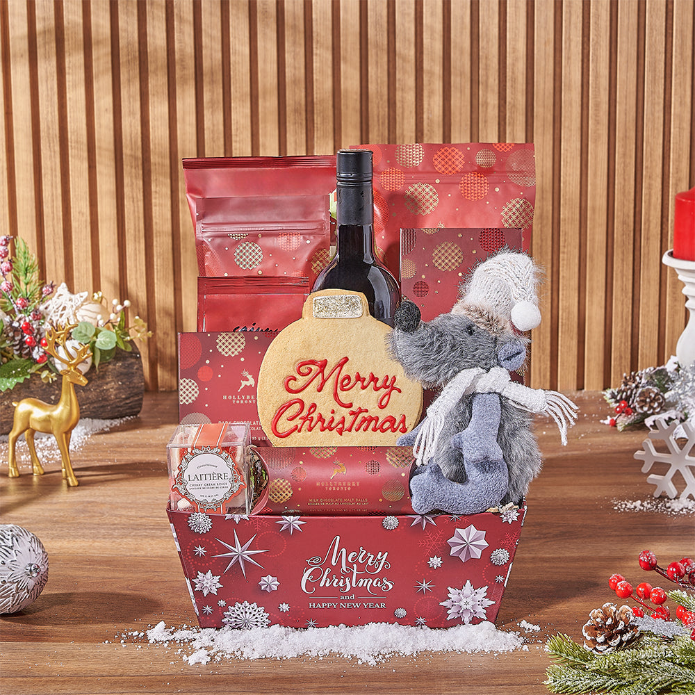 The Merriest Christmas Wine &amp; Plush Gift Set, wine gift, wine, chocolate gift, chocolate, christmas gift, christmas, holiday gift, holiday, New York City delivery