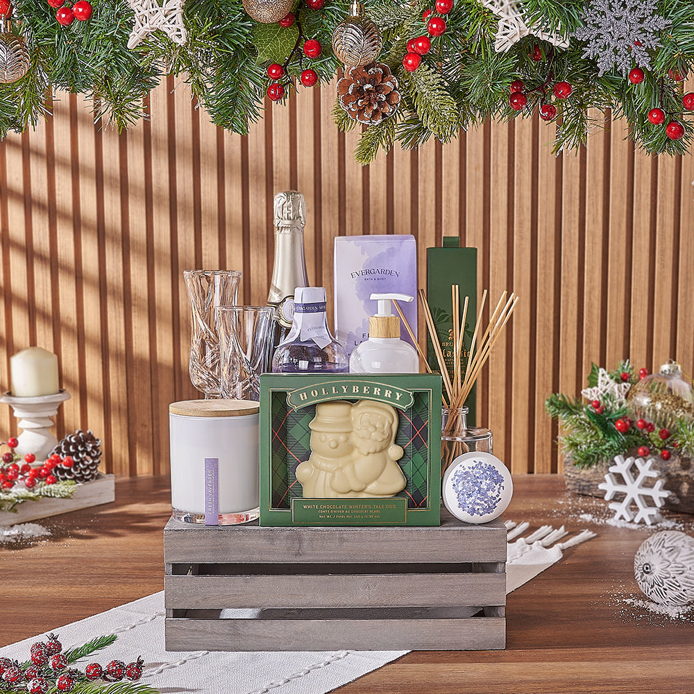 Holiday Sparkle & Lavender Spa Crate, Christmas gift, Christmas, champagne gift, champagne, sparkling wine gift, sparkling wine, chocolate gift, chocolate, New York City  delivery