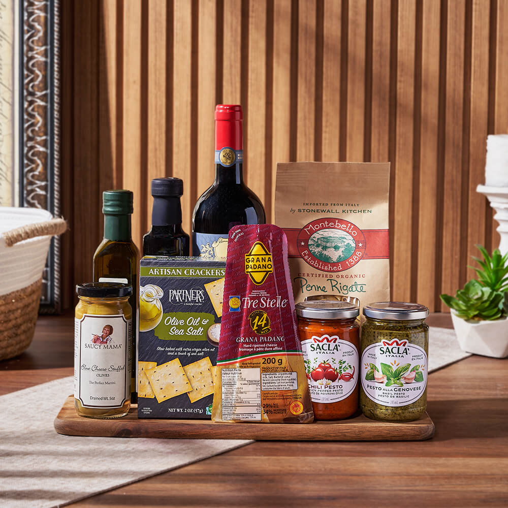 Cheese and Wine Gift Board – gift basket with partners crackers olive oil &amp; sea salt, orsini extra virgin olive oil and orsini balsamic vinegar