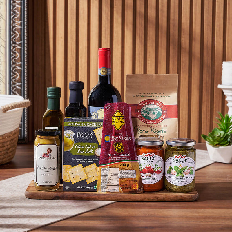 Cheese and Wine Gift Board – gift basket with partners crackers olive oil & sea salt, orsini extra virgin olive oil and orsini balsamic vinegar