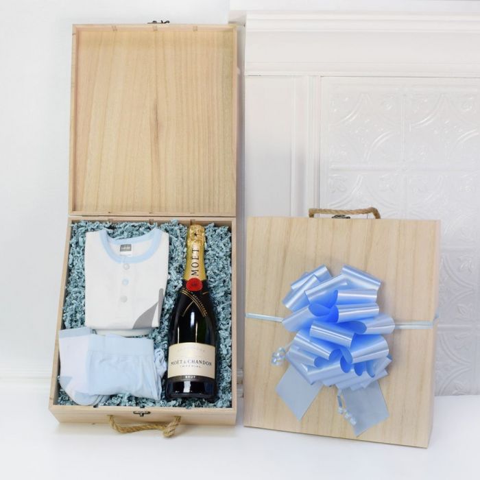 Champagne Gift Box with Baby Boy Two-Pack Socks and Clothing – gift basket with four slot box with lid, kushies soft n cuddly short sleeve t-shirt