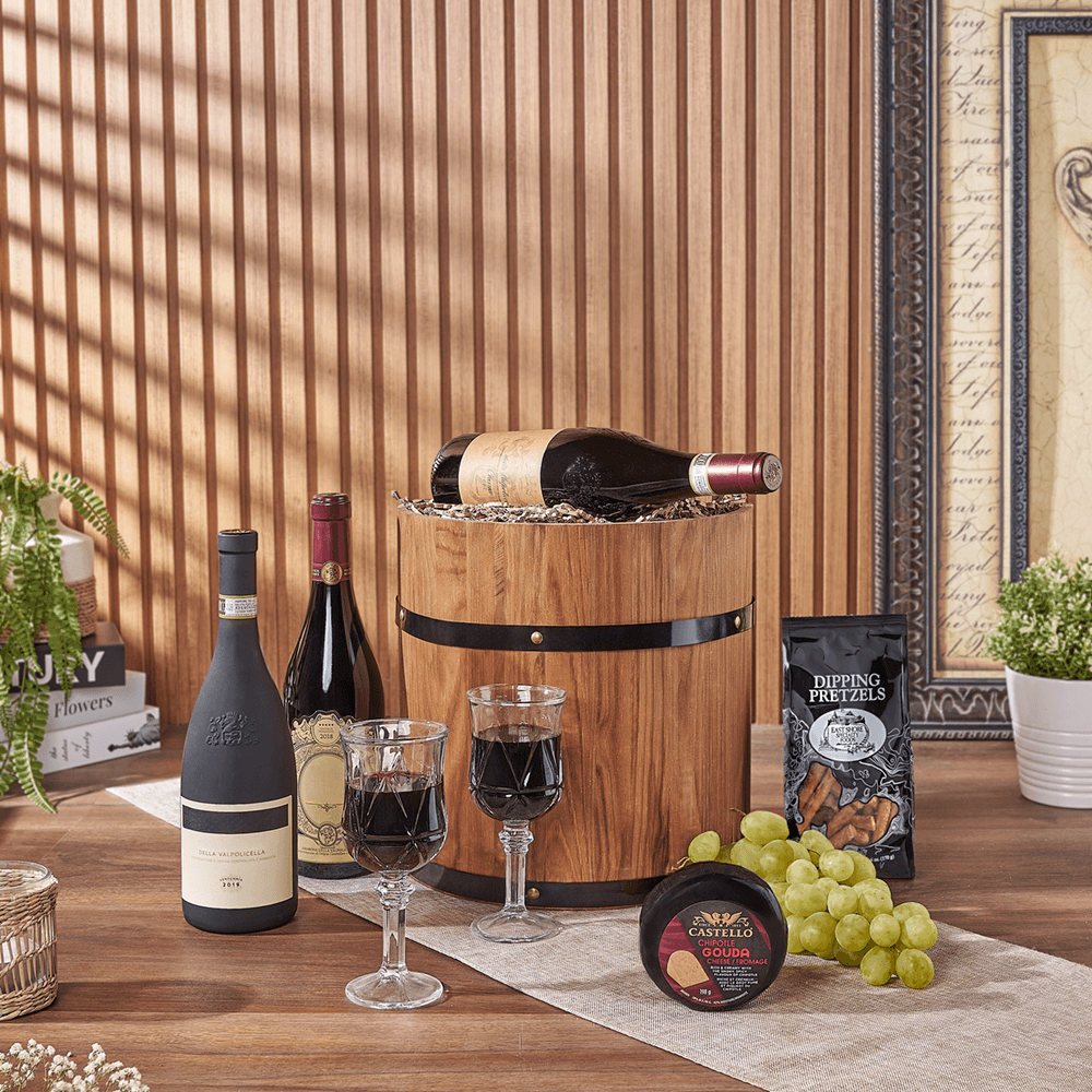 Wooden Half Barrel Wine Gift Set with Gourmet Cheese and Grapes – gift basket with 3 bottles of premium wine, east shore dipping pretzel 113g