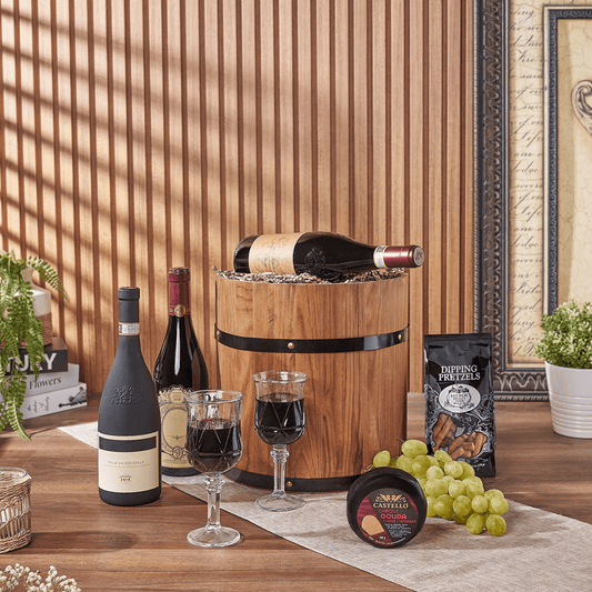 Lovely Wine Cheese Barrel - Premium Wines, wine gift, wine, fruit gift, fruit, cheese gift, cheese, New York City delivery