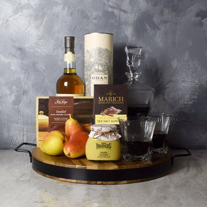 Gourmet Liquor Gift Basket with 7 Piece Decanter Set and Cutting Board – gift basket with decanter set, large round wood cutting board with steel