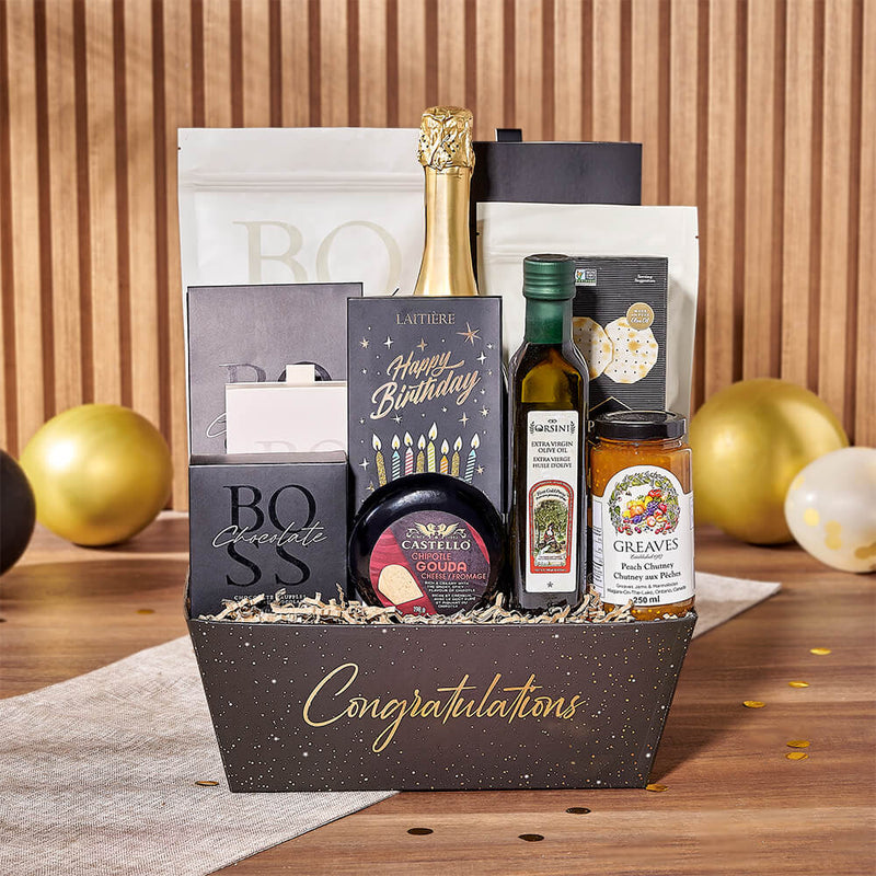 Gourmet Birthday Basket Featuring Sparkling Wine and Chocolates – gift basket with this product contains our base sparkling wine