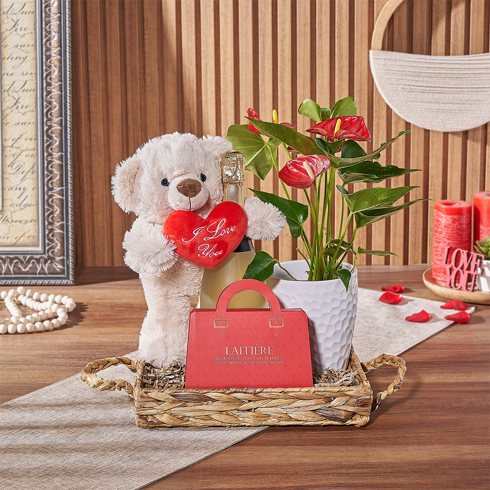 The Valentine's Champagne Sweetheart Tray, champagne gift, champagne, sparkling wine gift, sparkling wine, flower gift, flower, New York City delivery