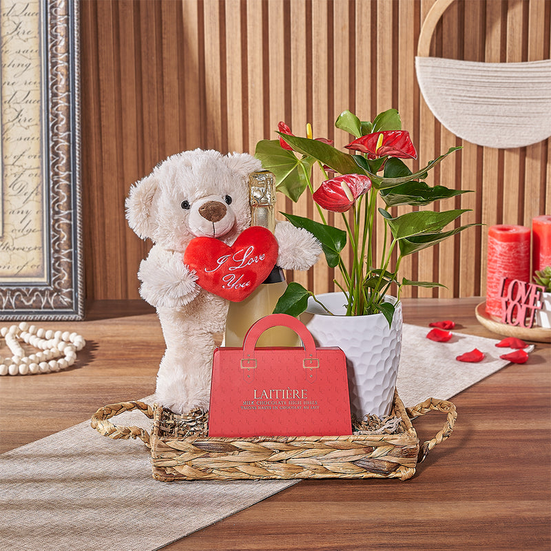 The Valentine's Champagne Sweetheart Tray, champagne gift, champagne, sparkling wine gift, sparkling wine, flower gift, flower, New York City delivery