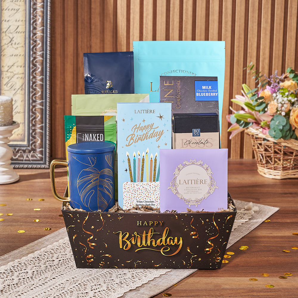 Overflowing Birthday Treats Gift Basket, coffee gift, coffee, birthday gift, birthday, chocolate gift, chocolate, New York City Baskets delivery