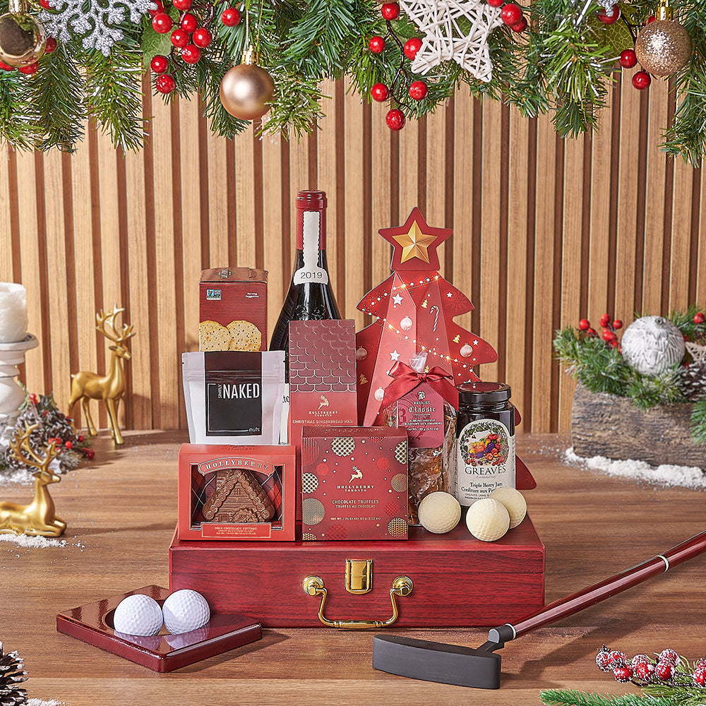 Wine and Holiday Gourmet Gift Box – gift basket with hollyberry assorted individually wrapped truffles tree box, capeachio's multigrain wheat cracker