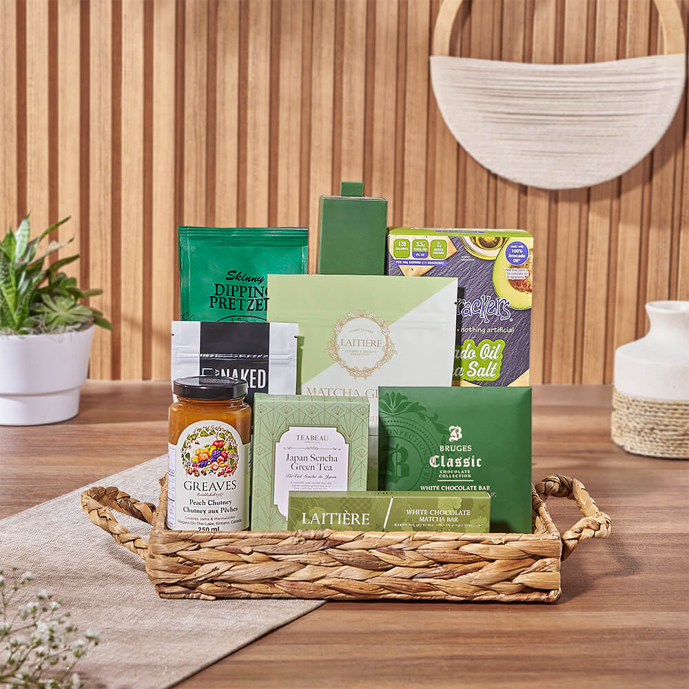 Tea and Nut Gourmet Tray – gift basket with wisecrackers crackers avocado oil &amp; sea salt, east shore skinny pretzels 113g and bruges white truffle