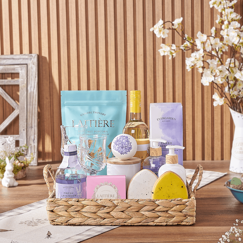 Lavender Wine Retreat Easter Gift Basket, spa gift, spa, wine gift, wine, easter gift, easter, New York City delivery
