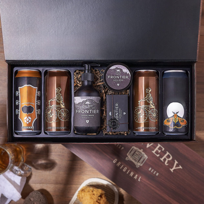 Craft Beer and Sandalwood Grooming Crate – gift basket with 4 american craft beers, frontier sandalwood hair pomade and frontier sandalwood bar soap