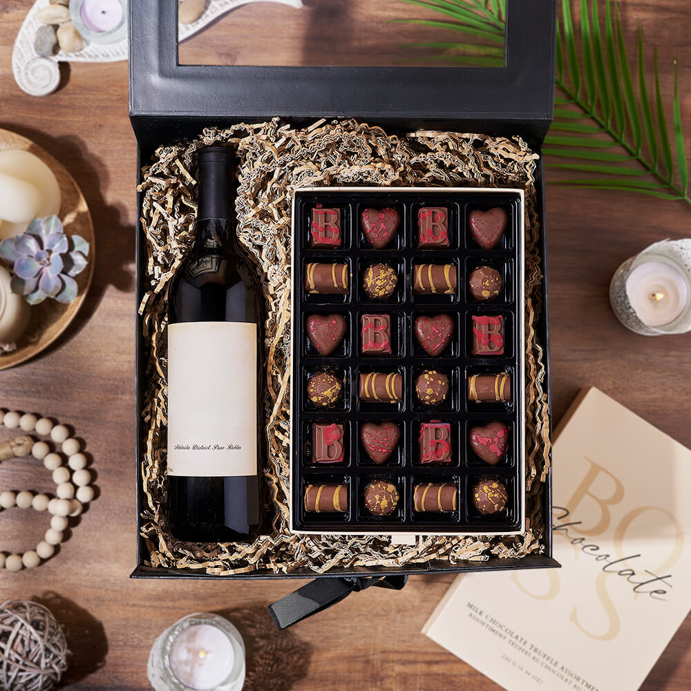 Wine and 24pcs Milk Chocolate Truffles in Folding Gift Box – how the gift is presented