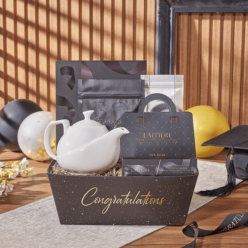 Graduation Gift Basket with Dark Chocolate Assortment and Tea – gift basket with this product does not contains alcohol