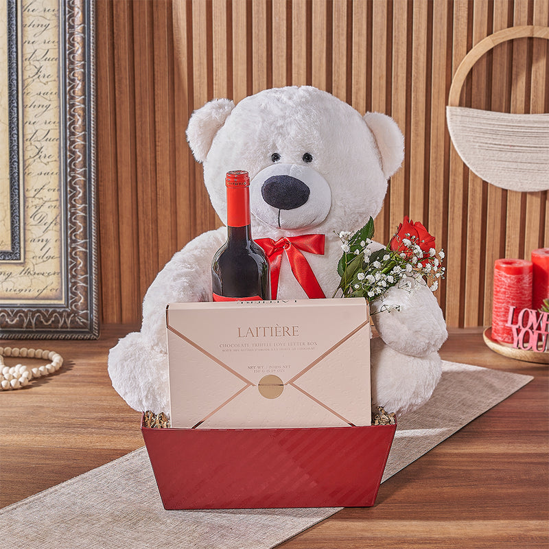 Beary Yours Valentine's Wine Gift Basket, wine gift, wine, chocolate gift, chocolate, rose gift, rose, New York City delivery