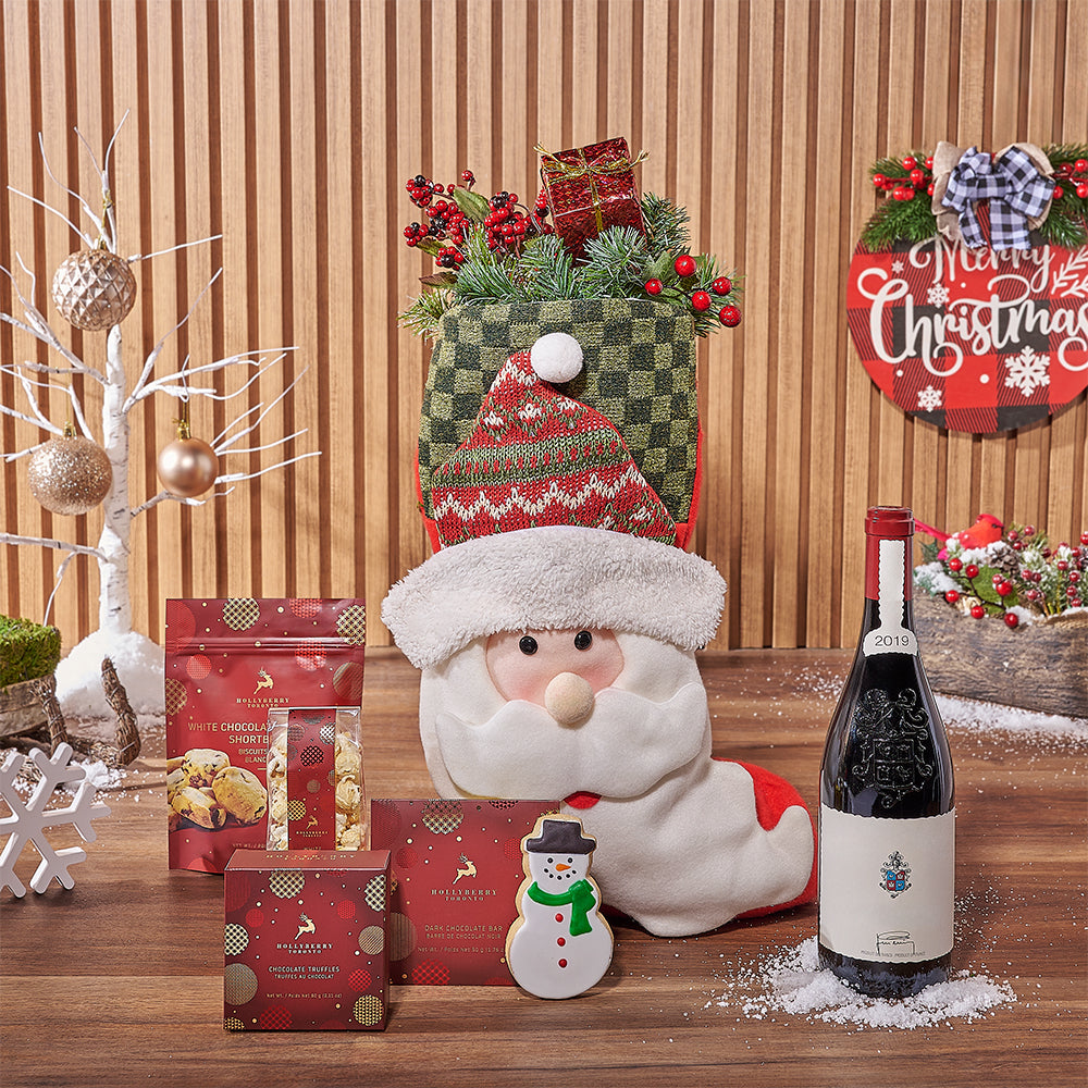 Santa’s Stocking Stash of Sweets Gift, wine gift, wine, chocolate gift, chocolate, Christmas gift, Christmas, New York City delivery 